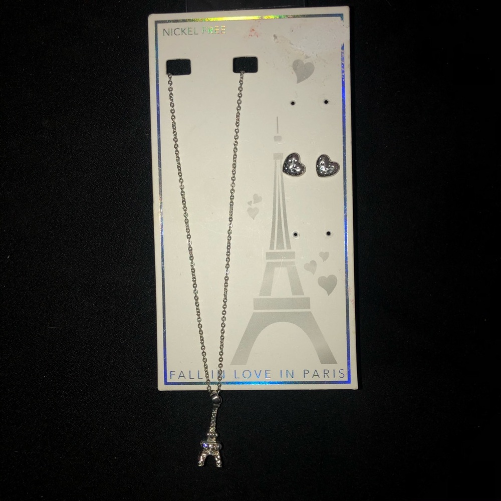 8” necklace with tower charm & heart earrings